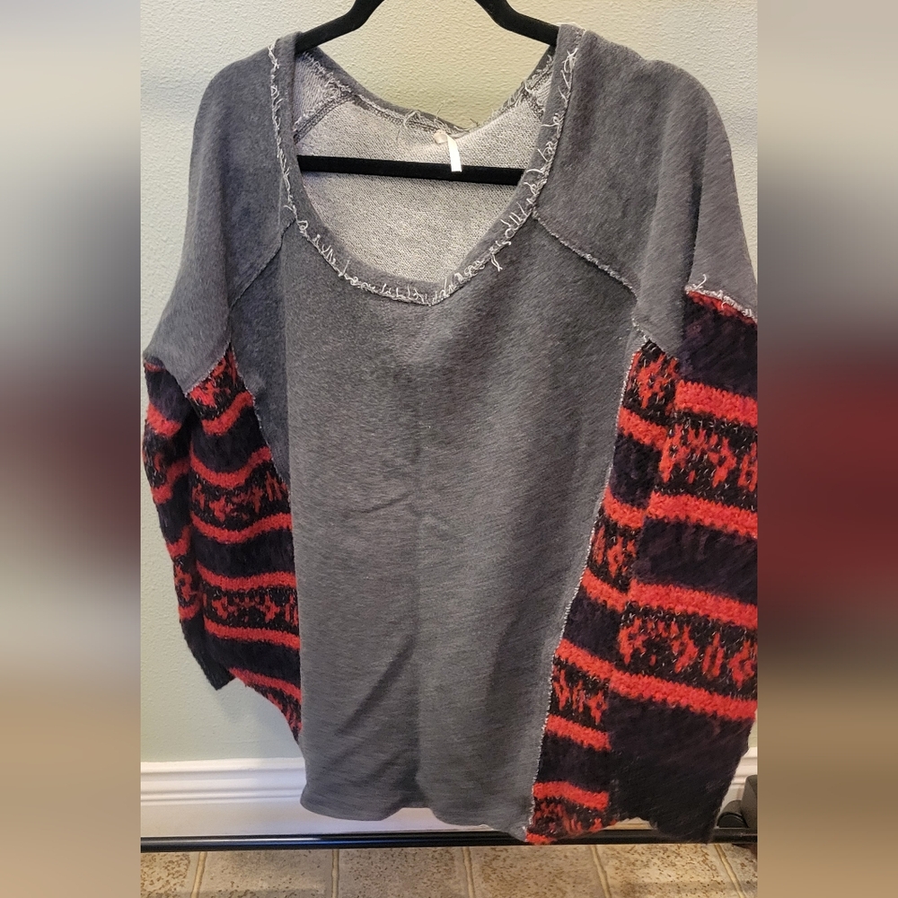 Free People Gray and Red Patterned Sweater